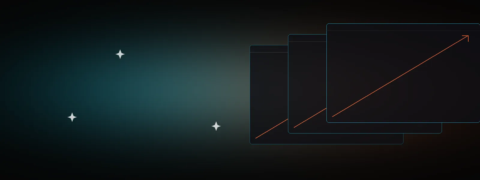 Cinematic cyan and orange mesh gradient with stacking browser windows and upward growth arrows representing the AI Agents Club website growth service